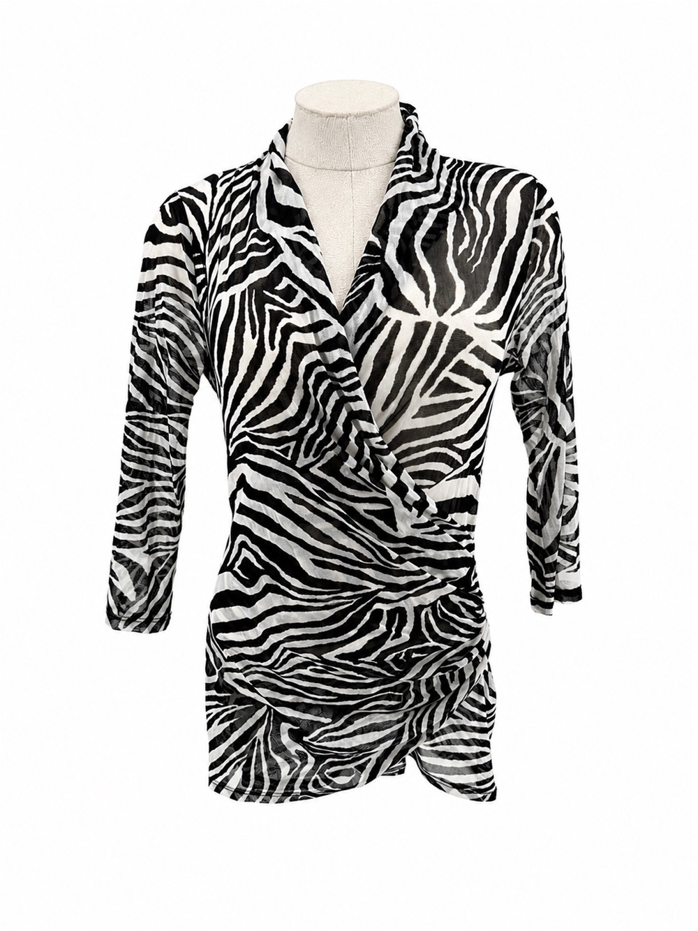 Karen Kane Black White Zebra Print Draped Sheer Top Size Medium